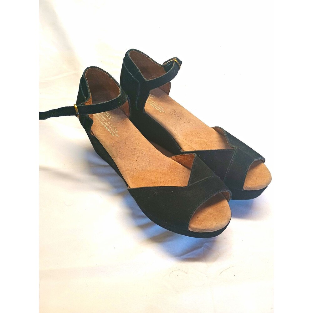 TOMS Women's 10 Black Suede Strappy Wedge Ankle Strap Open Toe Sandals
